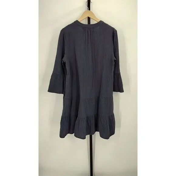 Quince 100% Organic Cotton Gauze Long Sleeve Tiered Mini Dress Indigo M - Picture 3 of 3